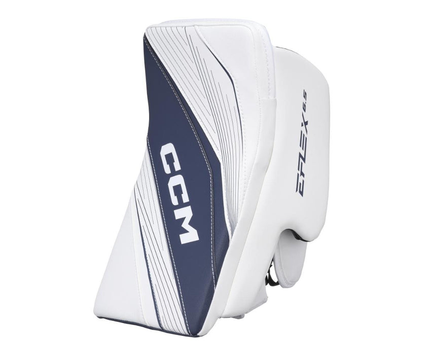 white goalie blocker with navy details