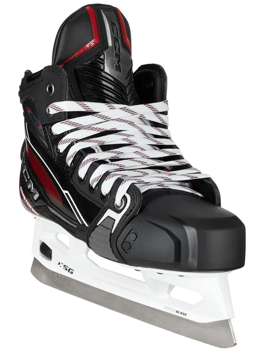 black goalie skate with red details
