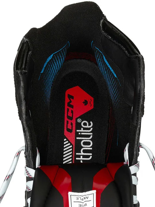 black goalie skate with black and red lining