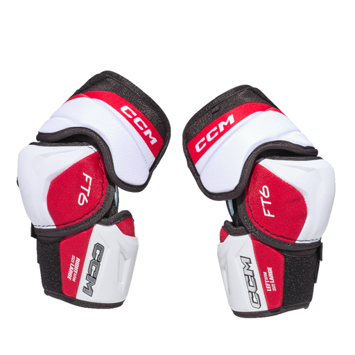 white elbow pads with red details and black lining