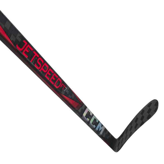 black hockey stick with red writing and details