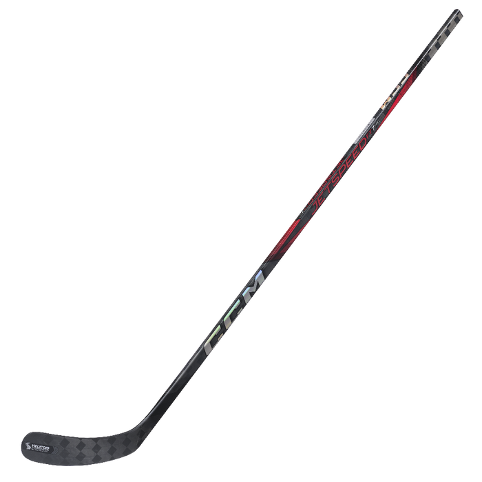 black hockey stick with red writing and details