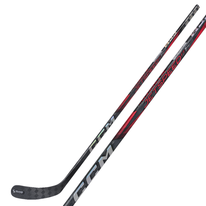 black hockey stick with red writing and details