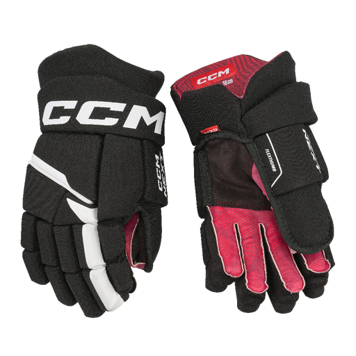 Black hockey gloves with red lining