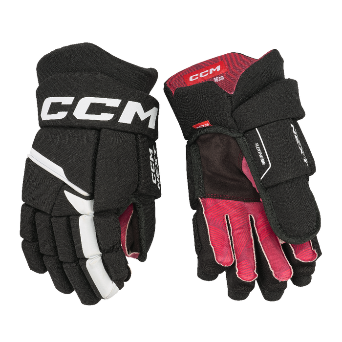 Black hockey gloves with red lining