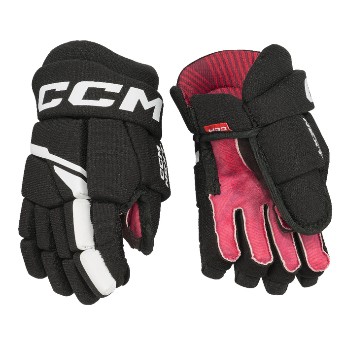 black and white gloves with red lining