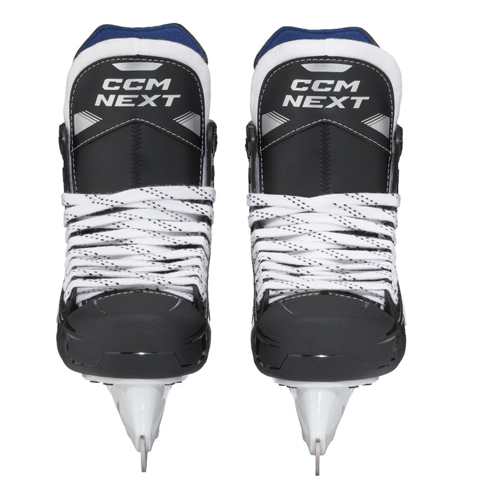 black skates with blue laces