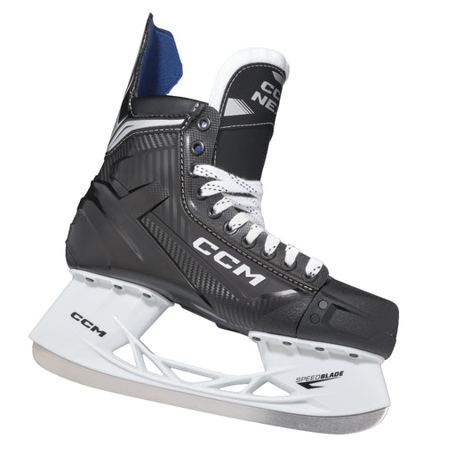 Black skates with white laces and blue lining