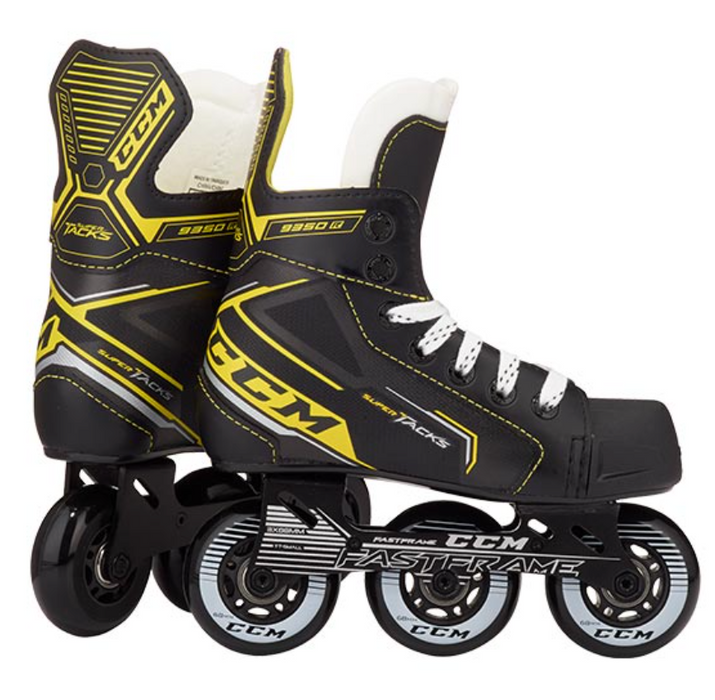 Black roller skates with yellow detail and black wheels