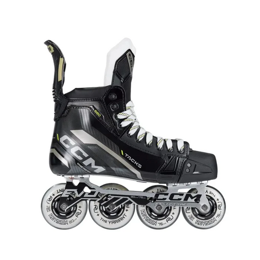 black roller hockey skates with white wheels