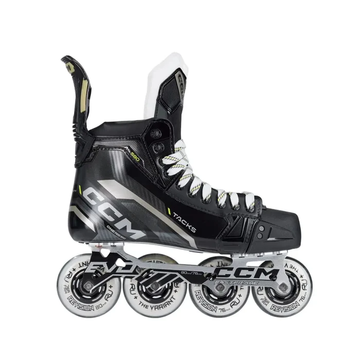black roller hockey skates with white wheels