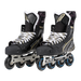 black ccm roller hockey skates with gold details and black wheels with blue details