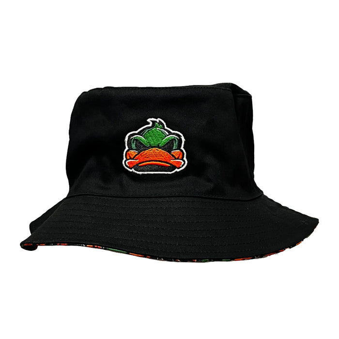 black bucket hat with ducks logo on the front