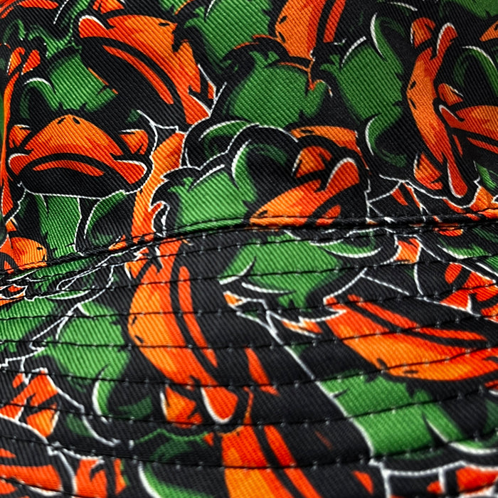 bucket hat with ducks logos close up