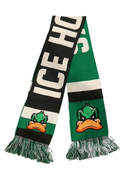 black green and white scarf with ducks logo