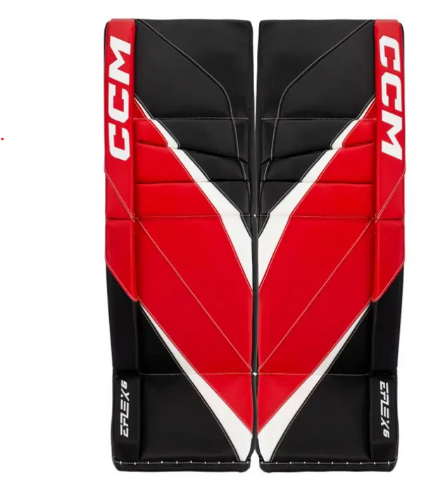 black and red goalie pads