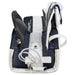 white goalie pads with navy details and lining