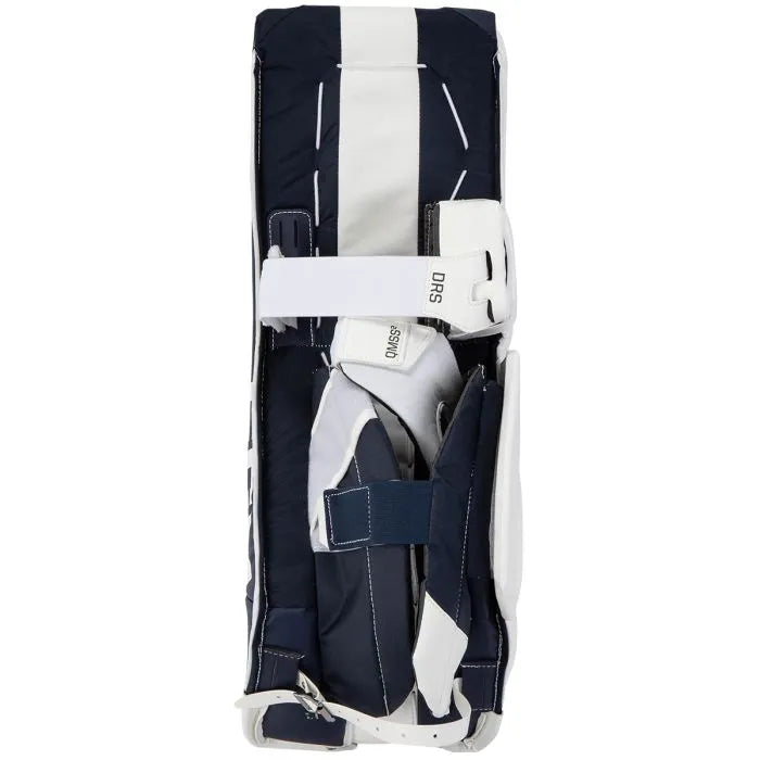 white goalie pads with navy lining