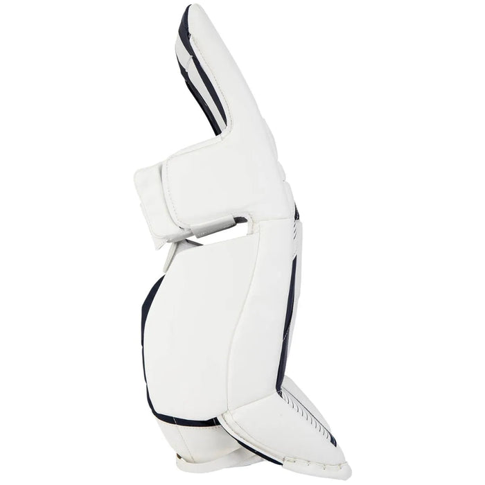 white goalie pads with navy details