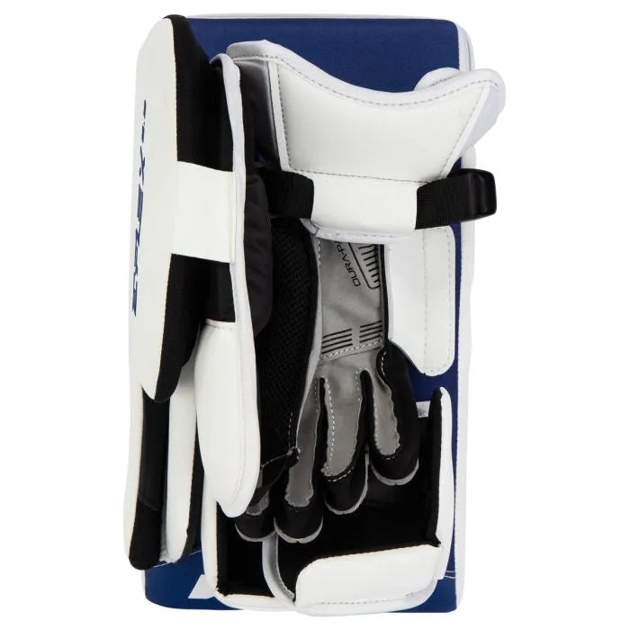 white goalie blocker with black and blue lining