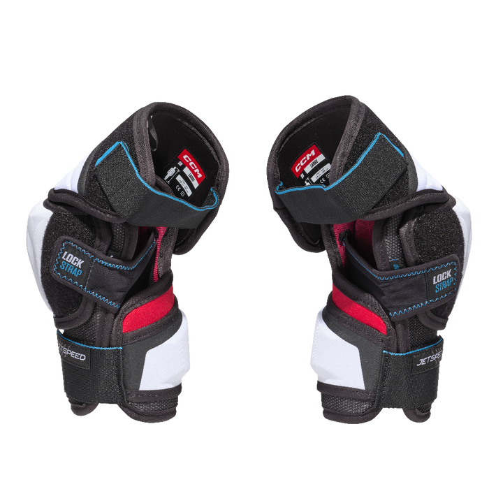 black and white elbow pads with red lining
