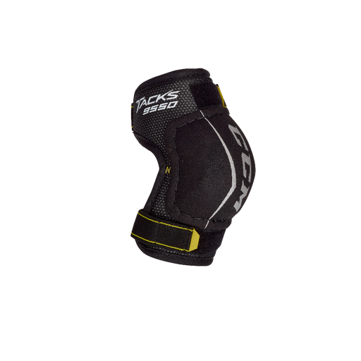 Black elbow pads with white text