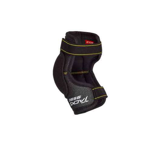 Black elbow pads with white text