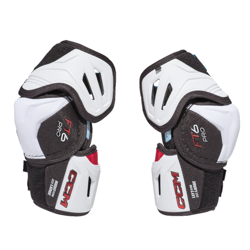 White elbow pads with black detail and red writing