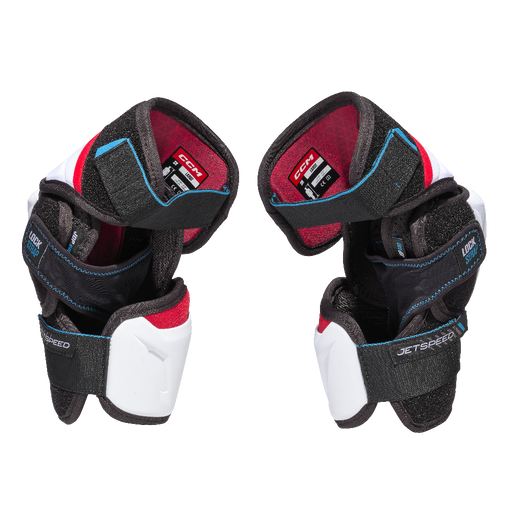 white elbow pads with red details and black lining