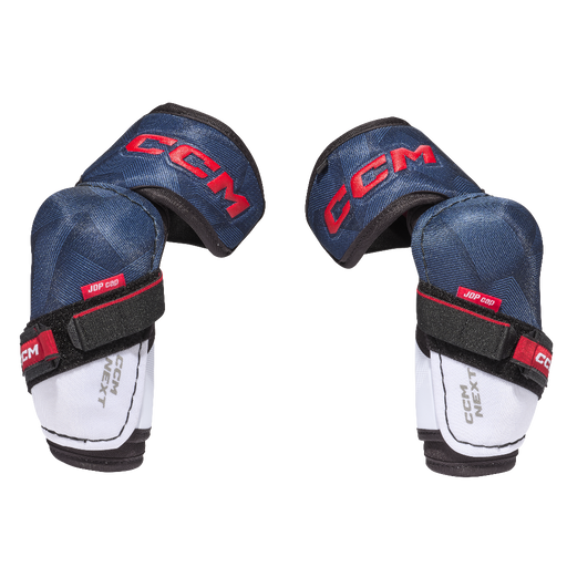 blue elbow pads with red writing and white detail