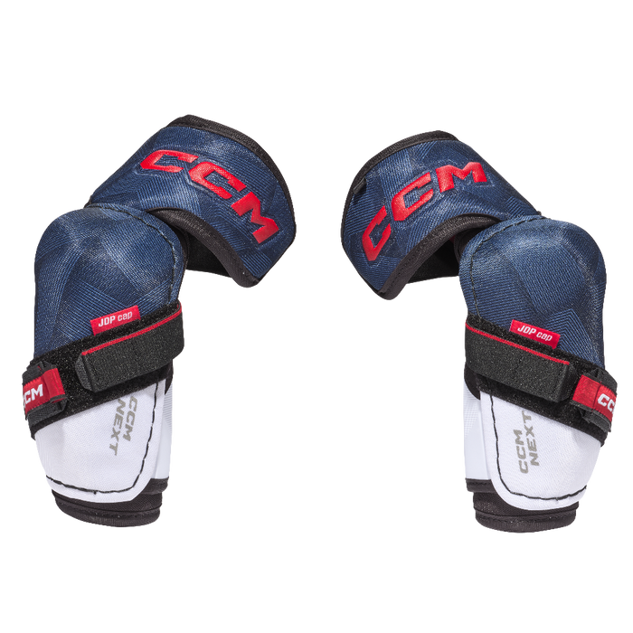 blue elbow pads with red writing and white detail