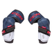 blue elbow pads with red writing and white detail