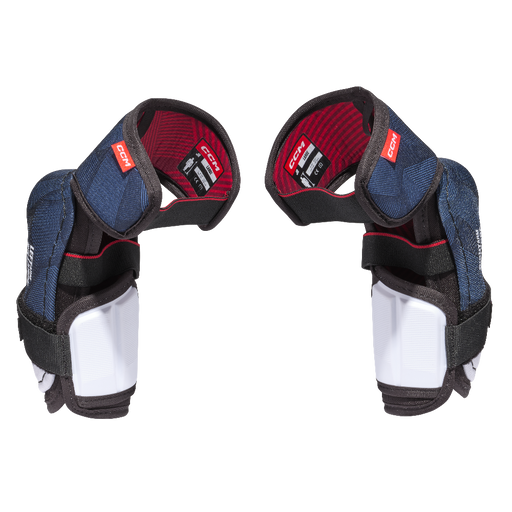 blue elbow pads with red writing and white detail
