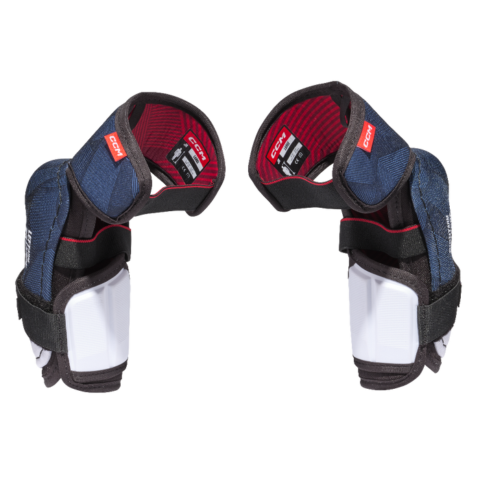 blue elbow pads with red writing and white detail