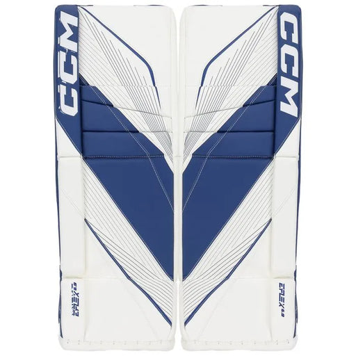 white goalie pads with blue details