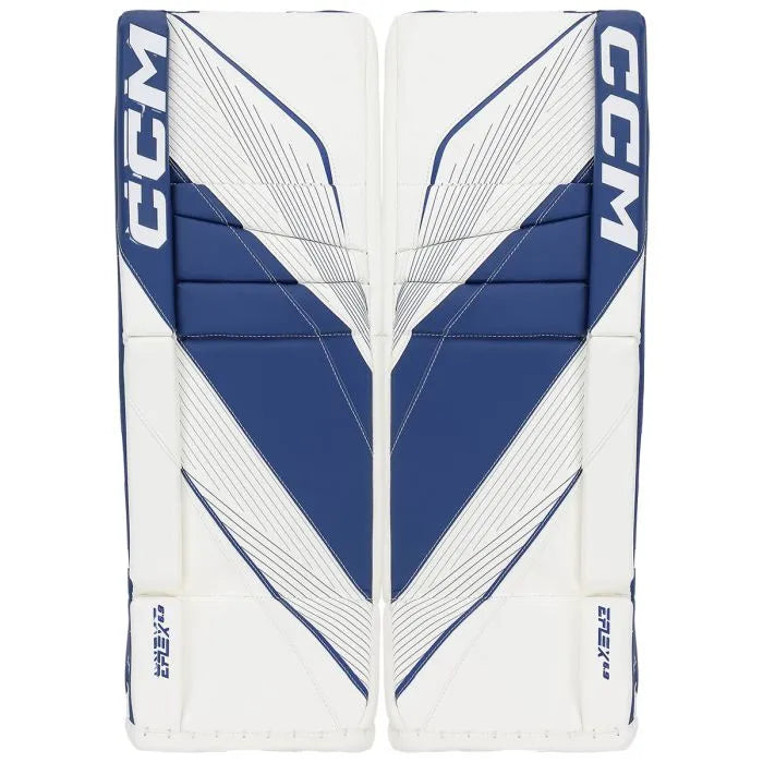 white goalie pads with blue details