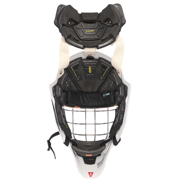 white goalie helmet with blak padding