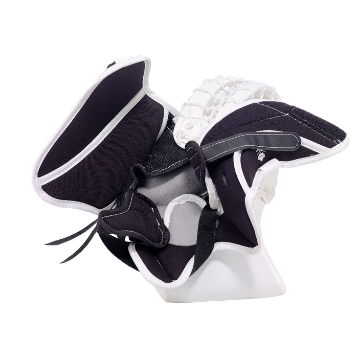 White goalie glove with black lining