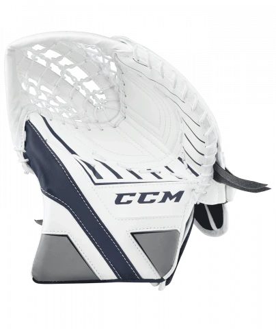 white goalie glove with blue details
