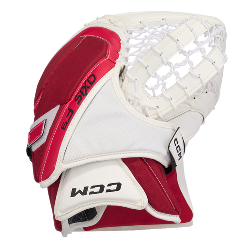 white and red goalie glove