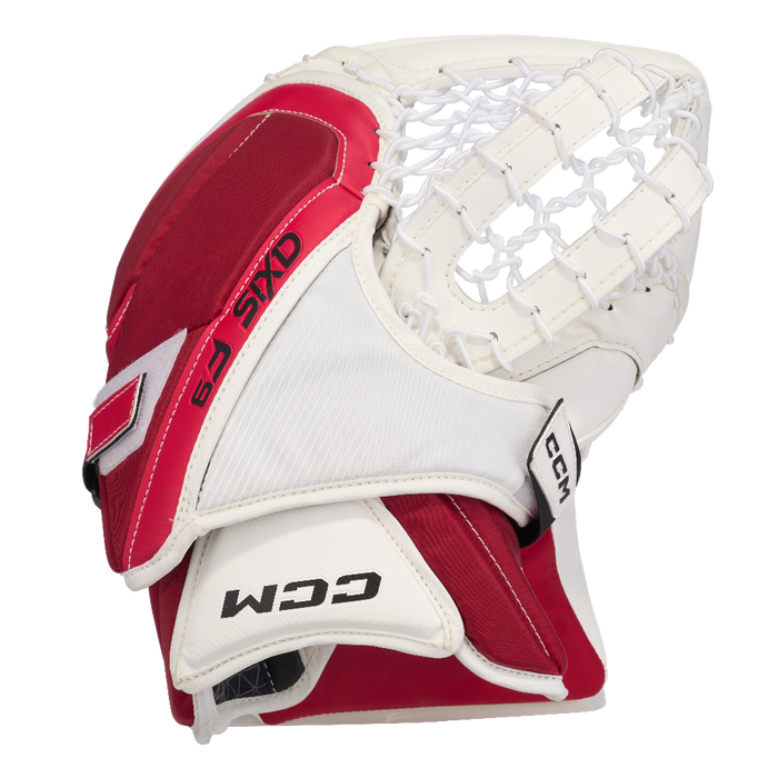white and red goalie glove