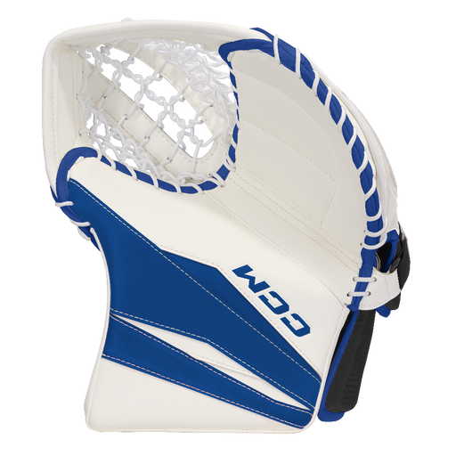 white and blue goalie glove