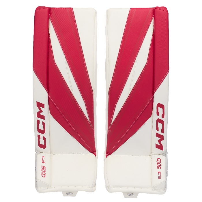 white and red goalie pads