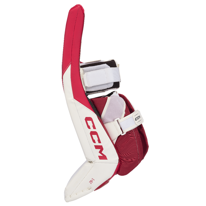 white and red goalie pads