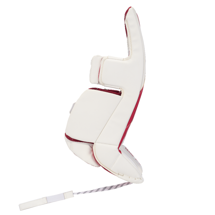 white and red goalie pads