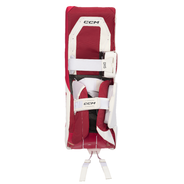 white and red goalie pads