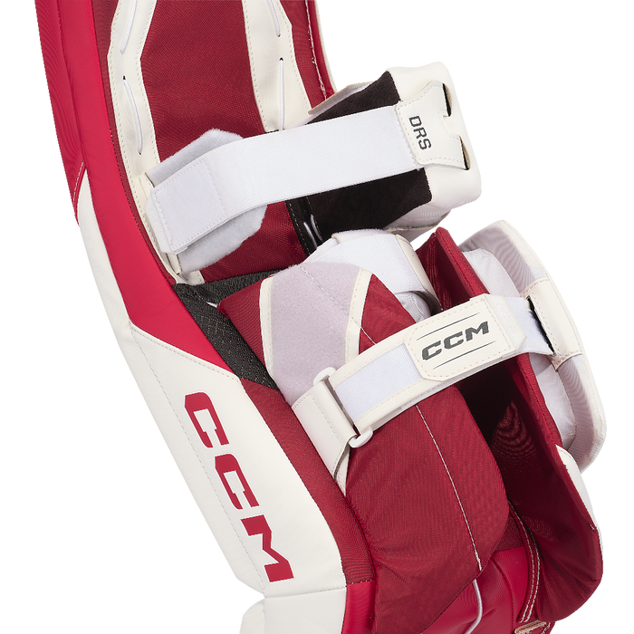 white and red goalie pads