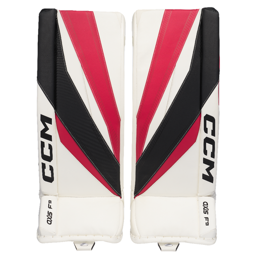 white and red goalie pads