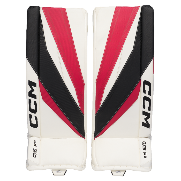 white and red goalie pads