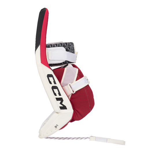 white and red goalie pads
